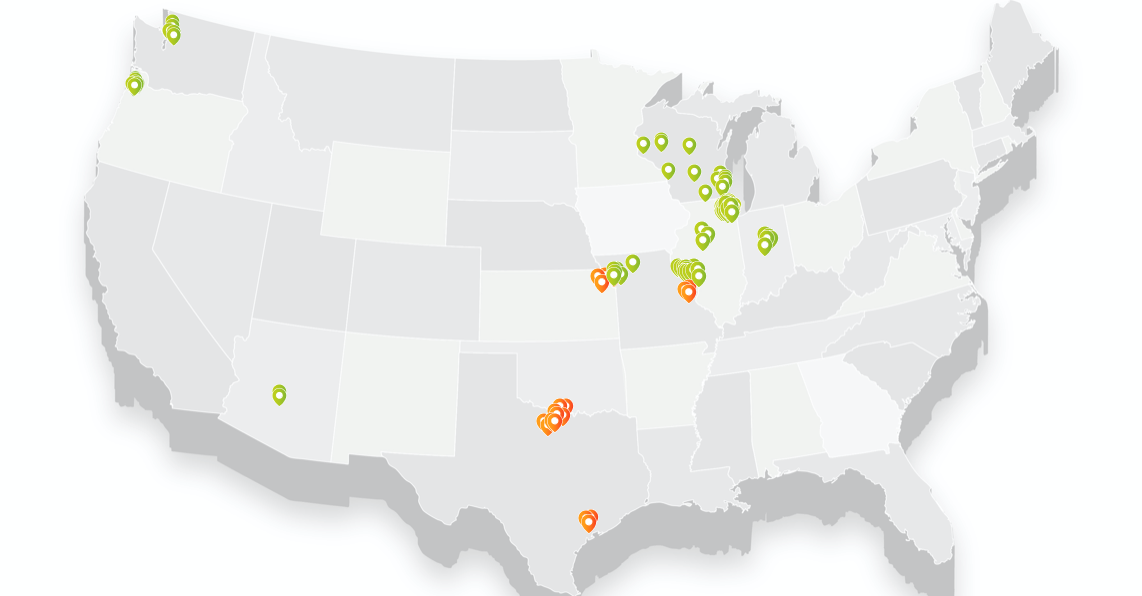 USA map displaying Medulla's Chiro One and MyoCore clinic locations